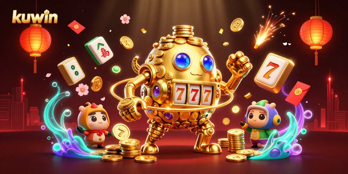 Kuwin slot machine golem spins golden jackpots amidst vibrant gambling decorations.
