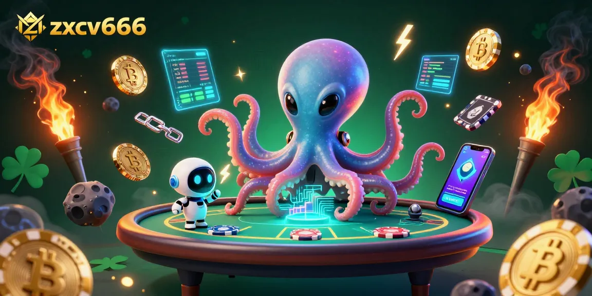 Experience zxcv666's thrilling gaming world with an alien octopus at a holographic poker table.