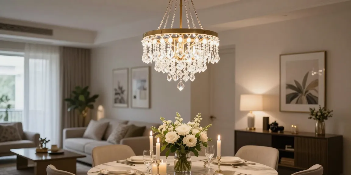 Candelabre LED suspendat elegant într-un interior modern, iluminând o masă de dining.