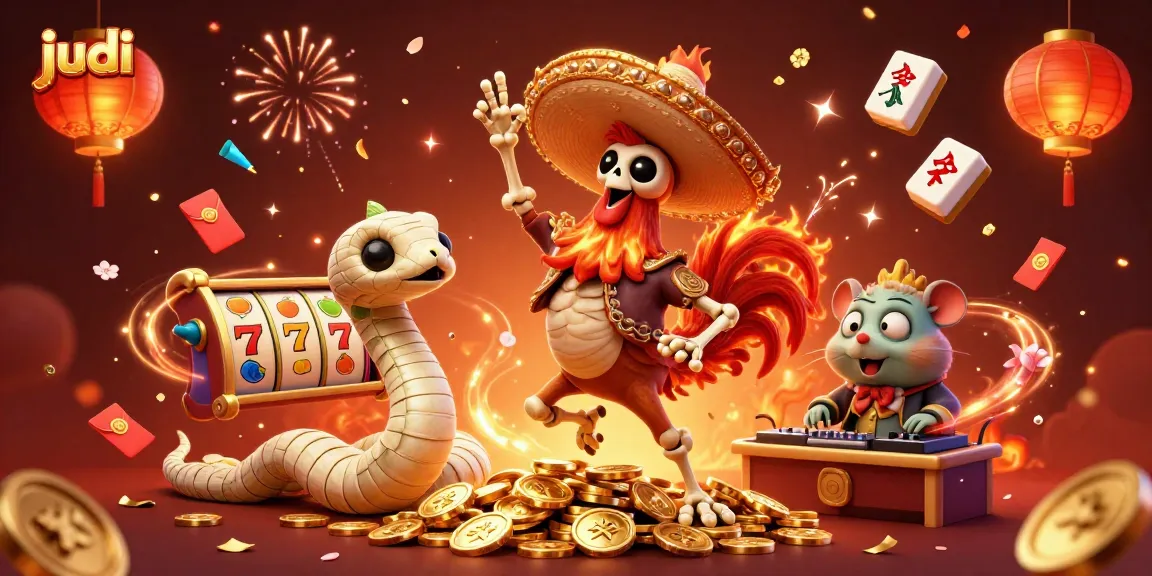 Experience the thrill of judi with a vibrant 3D casino scene filled with slot reels and festive characters.
