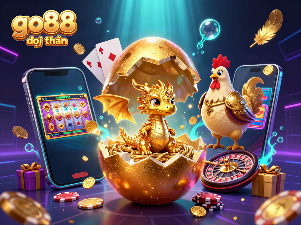 Experience winning moments with go88 đổi thưởng, featuring a golden dragon amidst poker chips and vibrant slot elements.