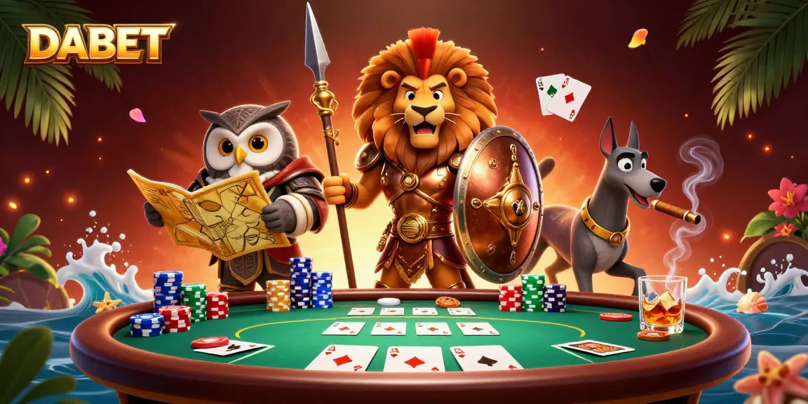 DABET enhances your poker night with an epic scene featuring skilled characters and vibrant game elements.