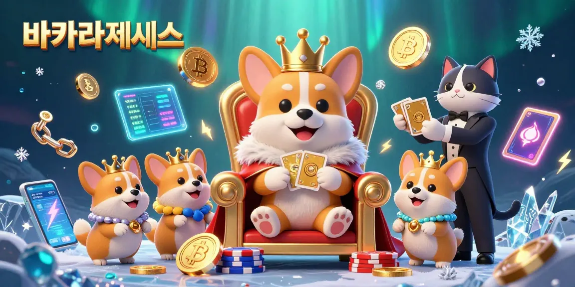바카라사이트에서 황금 카드 덱을 제공하는 고양이 부등 뒤의 왕실 코기 캐릭터들.