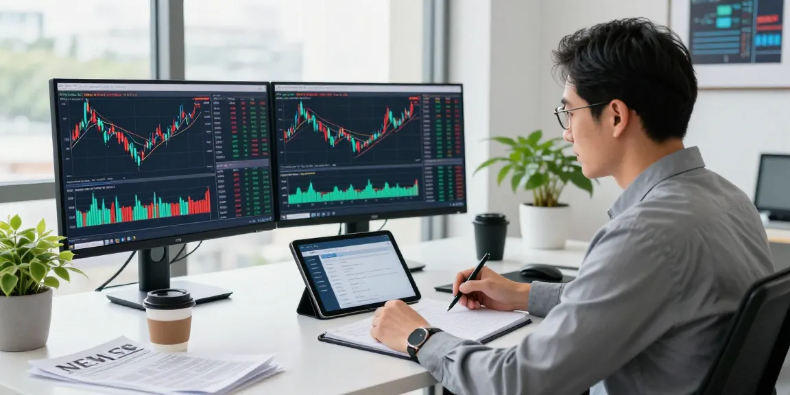 Stock analyst using US stock backtesting data API in a modern finance office.