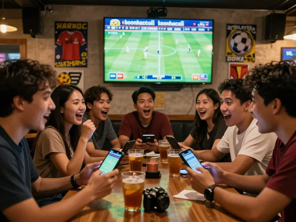Friends engaging in live betting on keonhacaii while watching sports, capturing high-energy atmosphere
