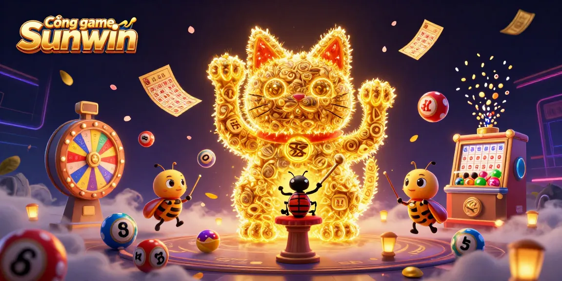 Experience the thrill of Cổng game Sunwin with dynamic lottery elements and a lucky cat in vibrant 3D artwork.