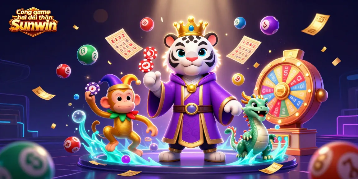 Cổng game bài đổi thưởng Sunwin features a majestic white tiger in royal attire, playful monkey, and lively jade dragon amidst dynamic gambling elements.