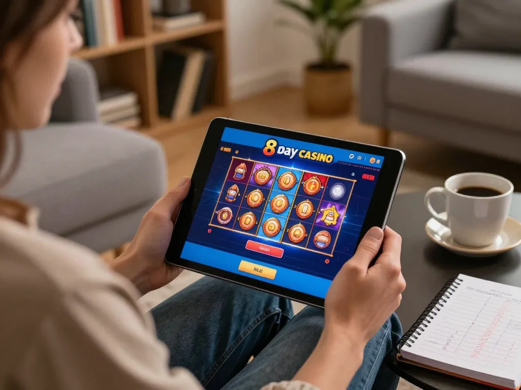 Player enjoying 8day casino app gameplay on a tablet at home with vibrant slot visuals.