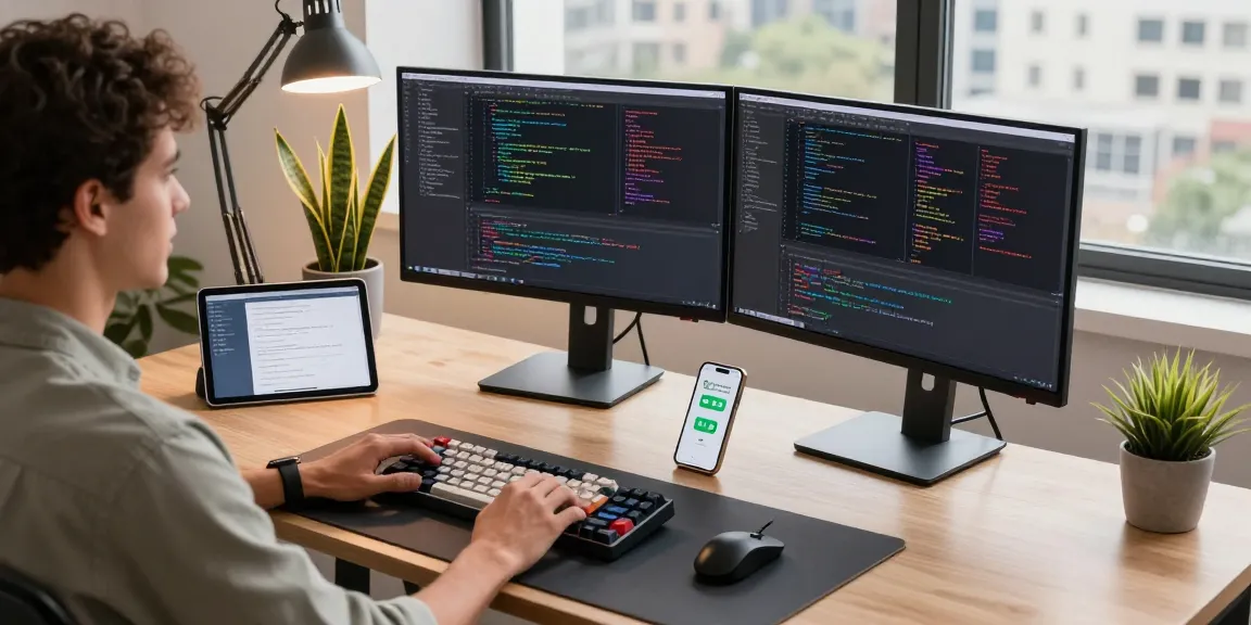 快连 software developer coding at a modern workspace with dual monitors and natural light.