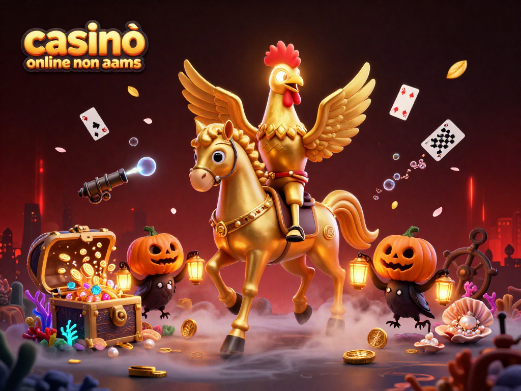 Cattura l'attenzione con casinò online non aams, un gallo dorato e compagni luminosi in un casinò notturno.