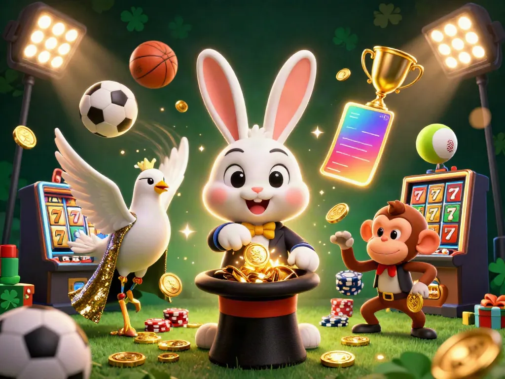 Kuwinn offers an exciting casino experience, featuring a magician rabbit, dove, and monkey in a vibrant 3D scene.