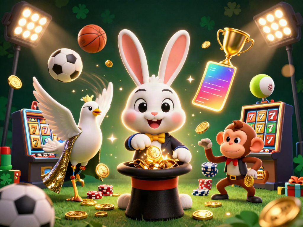 Kuwinn offers an exciting casino experience, featuring a magician rabbit, dove, and monkey in a vibrant 3D scene.