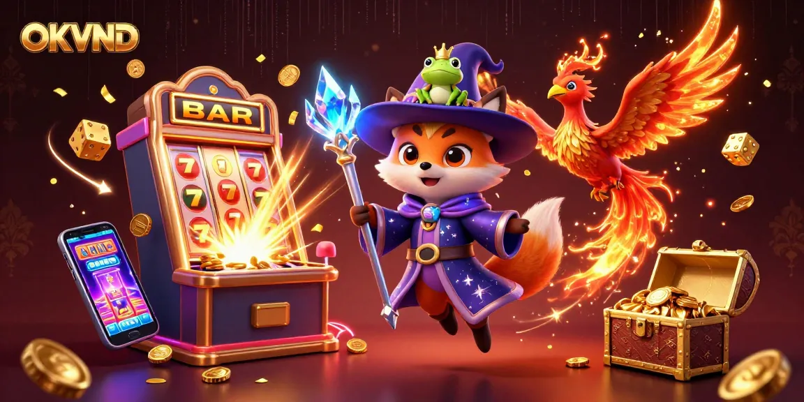 Engage in thrilling gameplay at OKVND with a dynamic scene of a wizard fox, phoenix, and jackpot excitement.