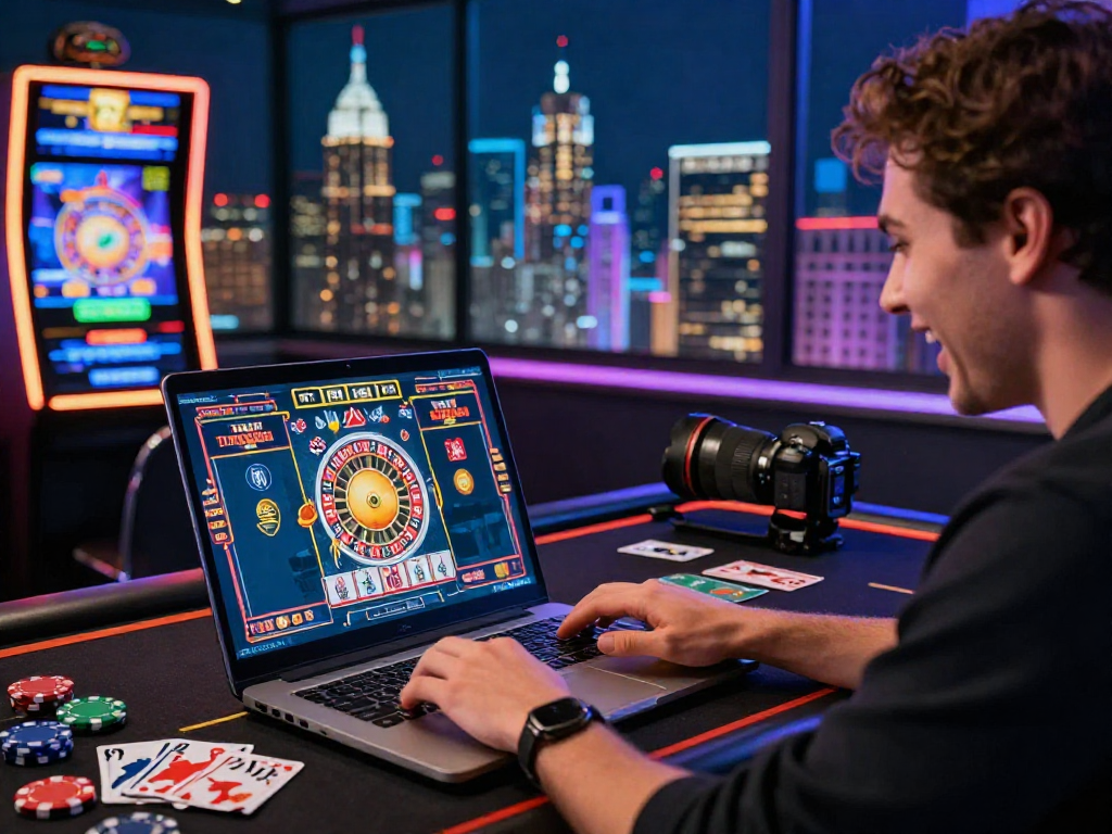 Giocatore coinvolto in un casinò online non AAMS, con grafica vivace e accessori di gioco sul tavolo.