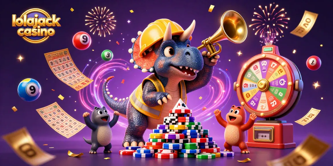 Experience the thrill of lolajack casino with an exciting 3D scene of vibrant gaming elements.