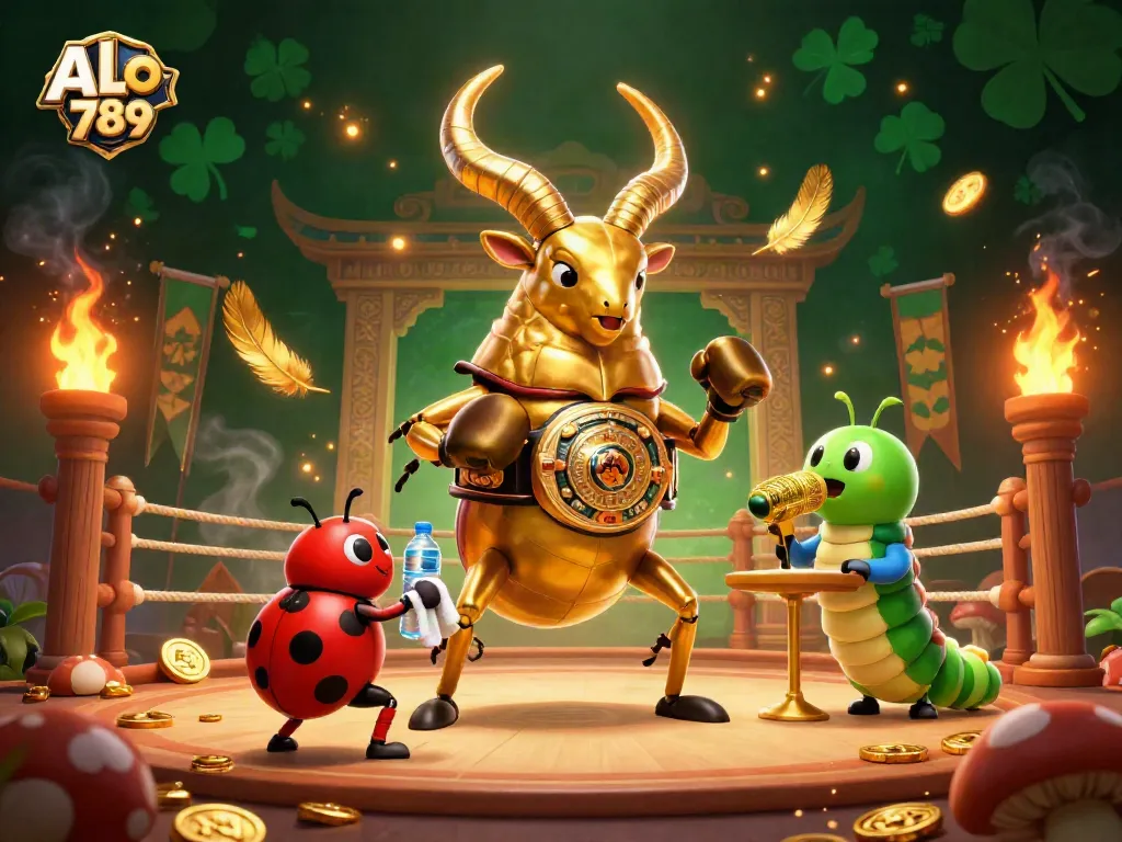 Engage in thrilling action with ALo 789 in the vibrant fighting arena showcasing a heroic stag beetle and dynamic ambiance.