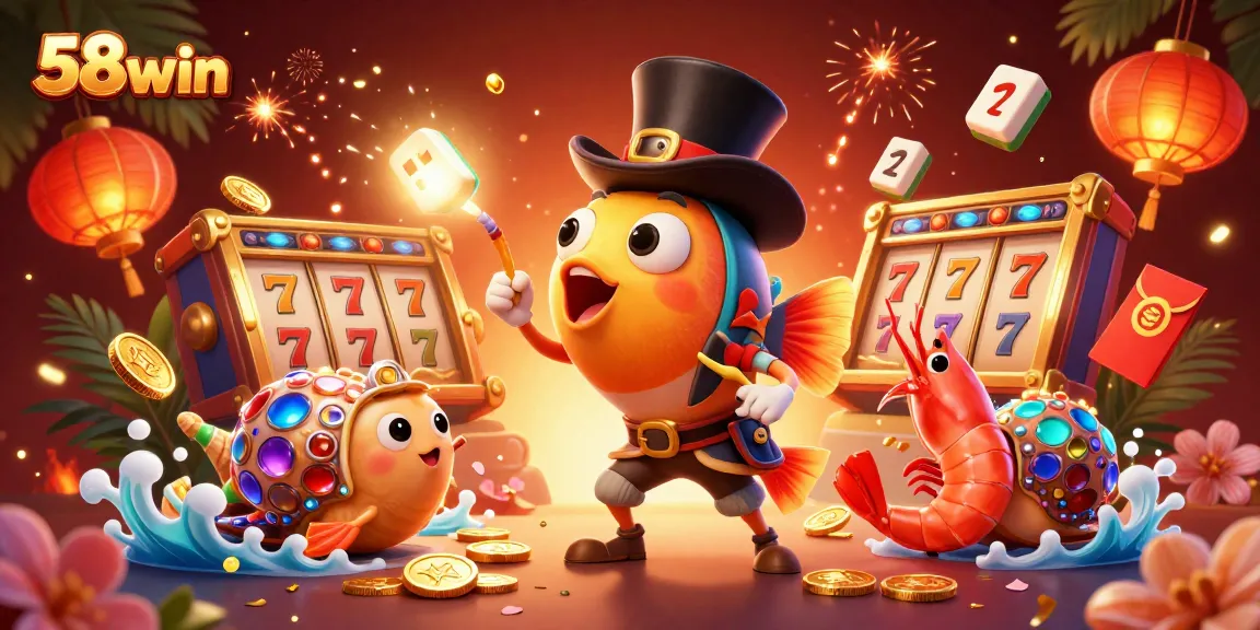 Experience the thrill of 58win's slots with vibrant, dynamic characters and casino elements.