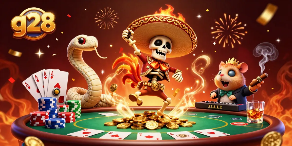 g28 highlights a skeleton mariachi rooster celebrating amidst poker chips and cards.