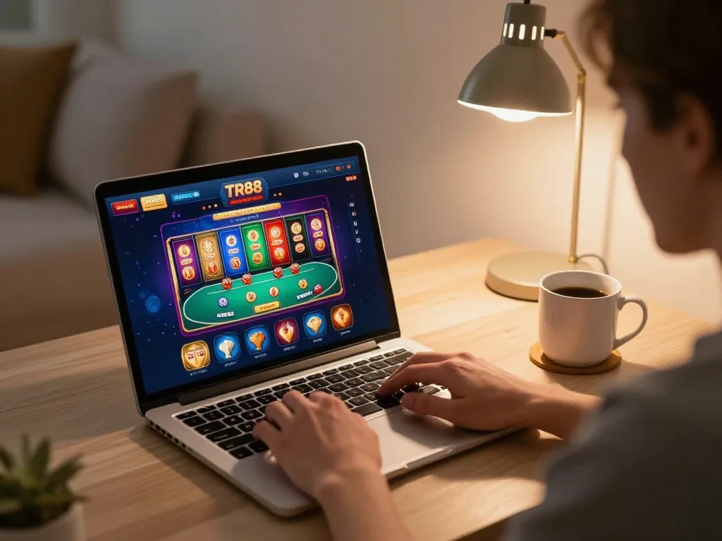 Engaging with tr88 đăng nhập on a laptop at a cozy home setup, showcasing a vibrant online gaming interface.