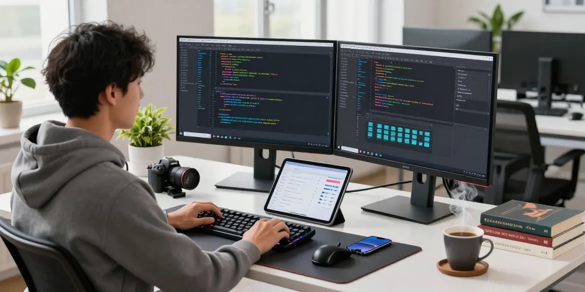 Developer coding at telegraimin.com workspace with modern tech setup and green plants.