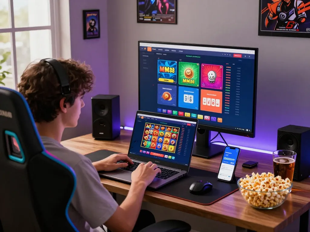 Engaging online gaming atmosphere featuring MM88 platform with colorful interface and cozy setup