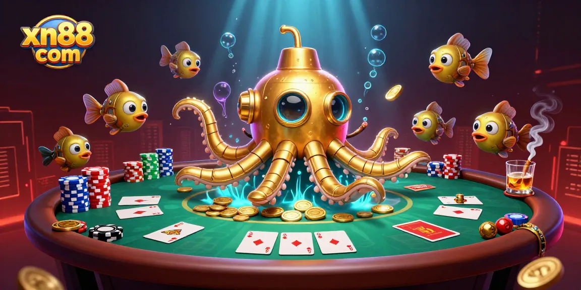 Engage with xn88 com’s vibrant casino scene featuring a dynamic kraken and poker elements.