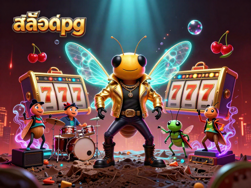 Engage with สล็อตpg in a vibrant 3D casino scene featuring colorful slot reels and animated characters.