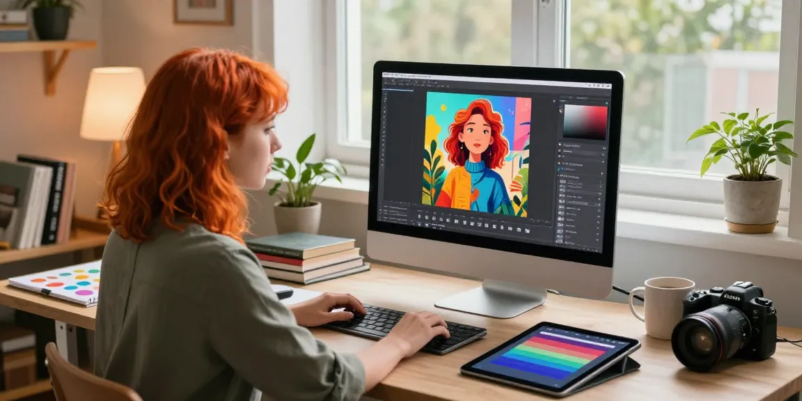 Designer using Nano Banana AI image editor in modern workspace with vibrant art.