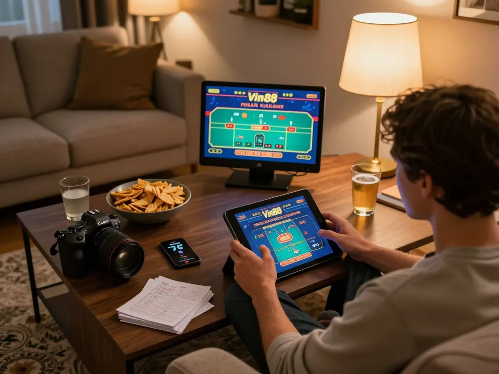 Engaging gaming at home with Vin88 app on tablet, snacks nearby, creating a relaxed gambling environment.