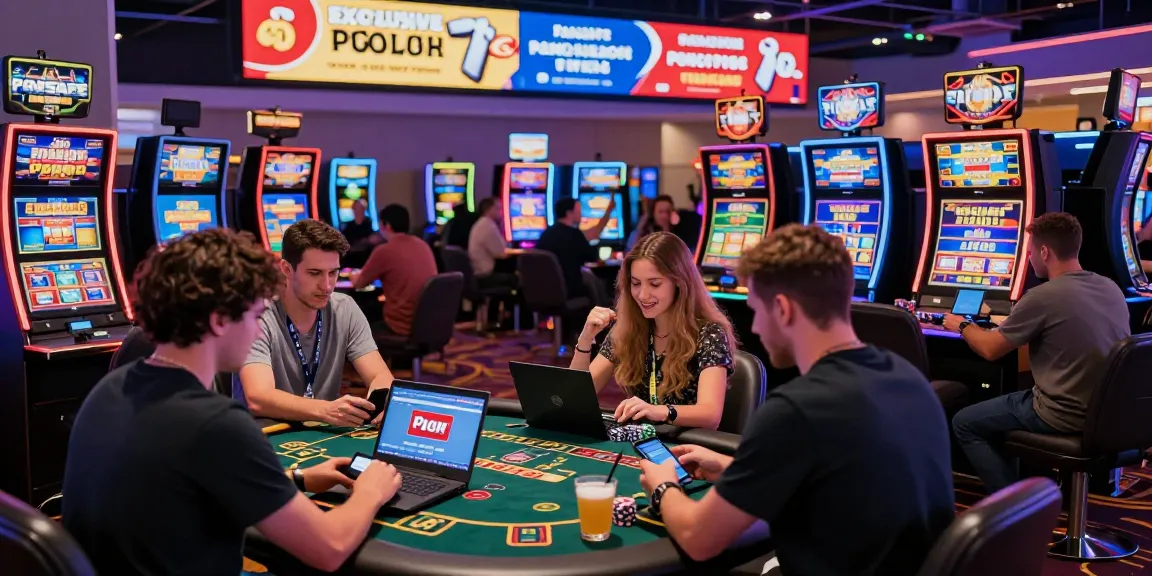 Spieler genießen eine lebhafte Atmosphäre in einem Paysafe Card Casino und interagieren mit Spieltischen und digitalen Geräten.