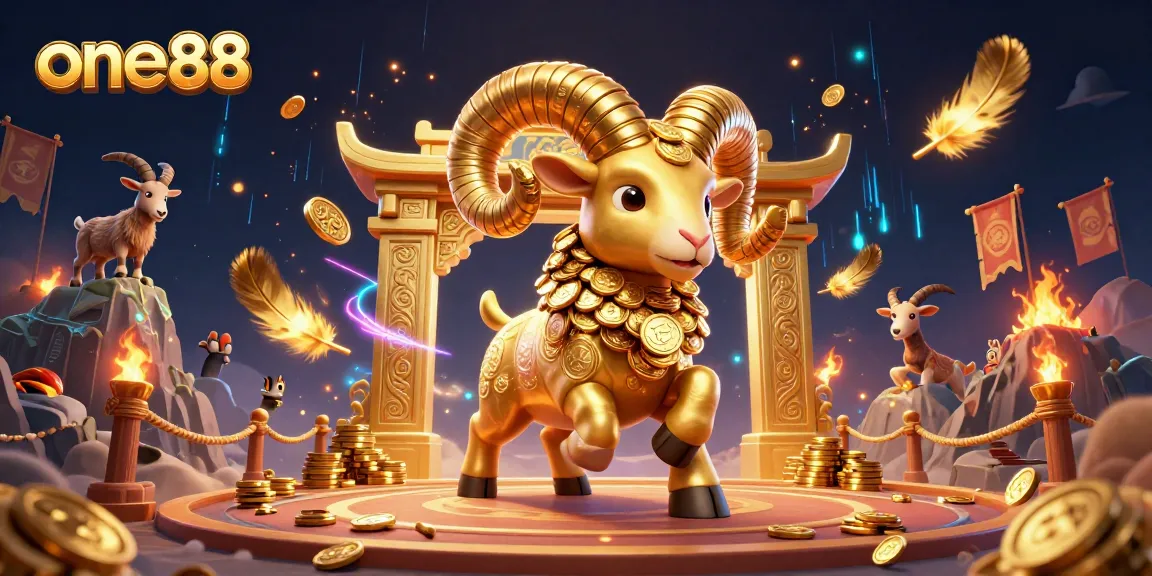Experience the thrill of one88 with a dynamic golden ram charging at a casino gate.