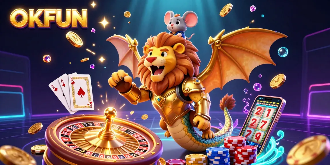 Experience the excitement of OKFUN casino games with a roaring chimera and a brave mouse jockey amid cascading slot machine reels.