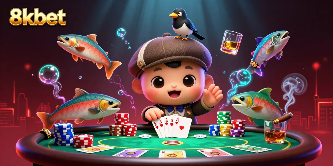 Play 8xbet with exciting poker elements and lively cartoon characters in an engaging scene.
