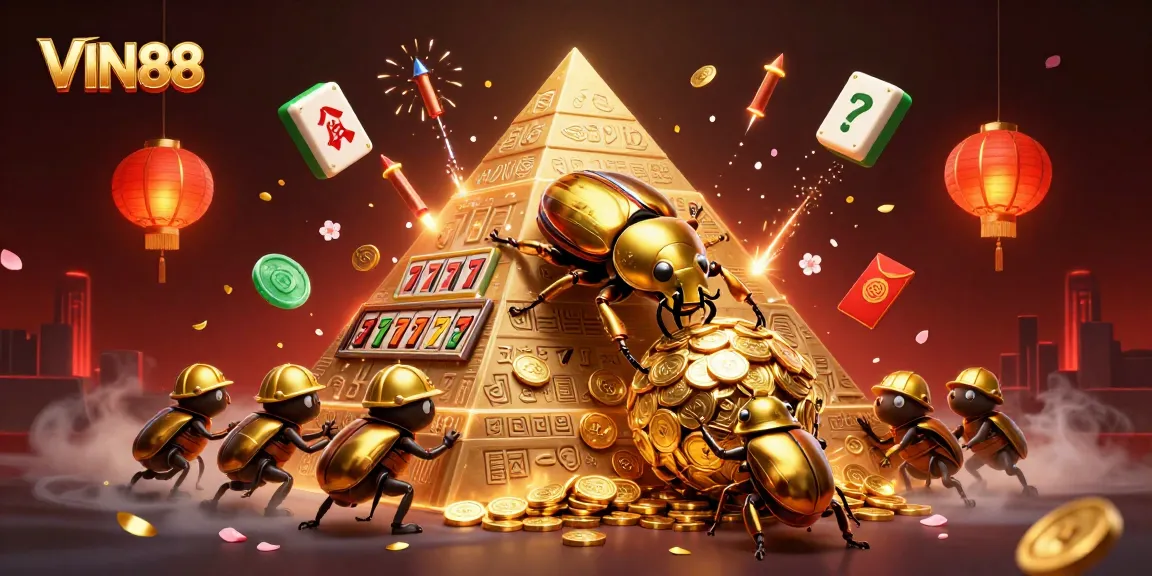 Experience the thrilling excitement of VIN88 as cartoon beetles roll golden coins amidst slot reels.