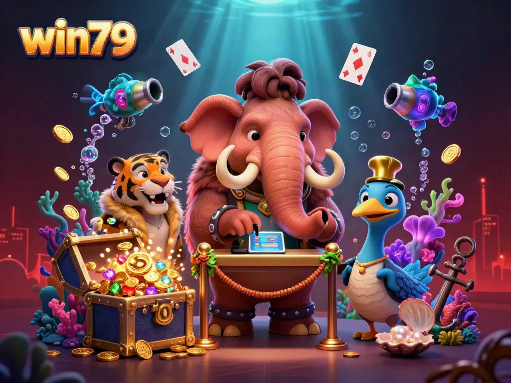 Experience win79 through a vibrant casino illustration featuring unique characters and exciting game elements.