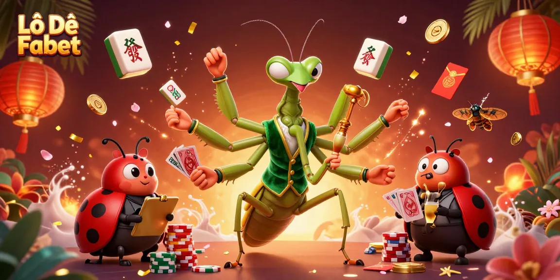 Lô Đề Fabet showcases a vibrant casino scene with a giant praying mantis card sharp and lively game elements.