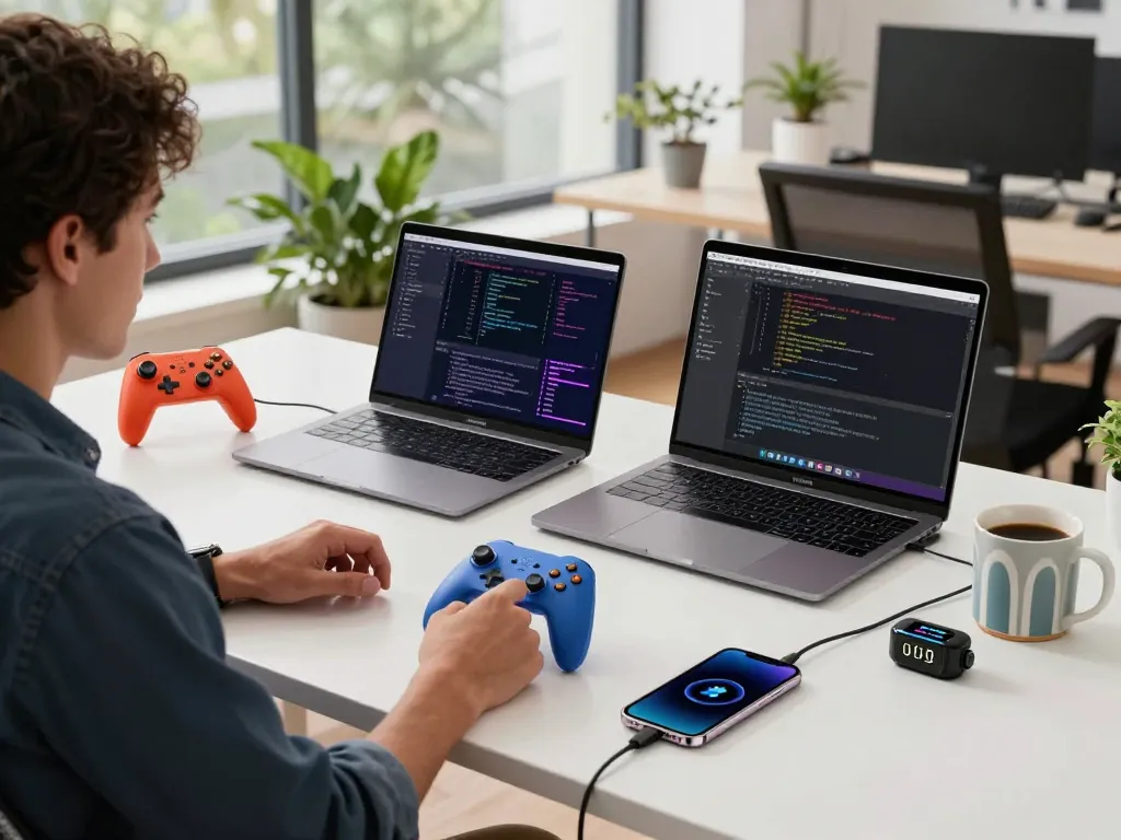 Showcasing unique tech gadgets including Bluetooth controllers, smart trackers, and a wireless thermometer in a vibrant office