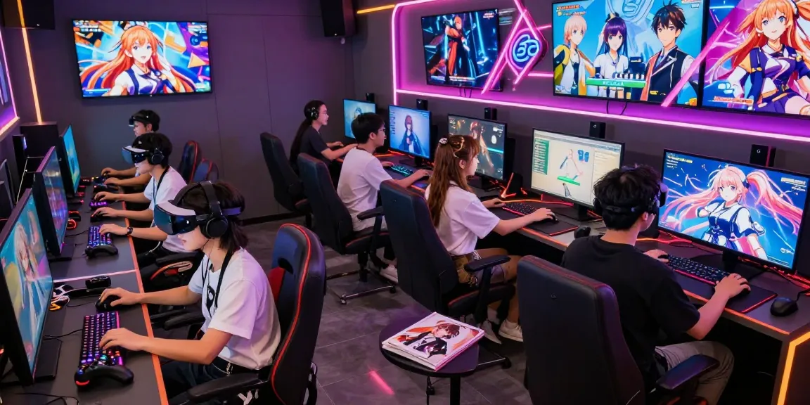 Engaging hentaigame scene in a vibrant gaming lounge with diverse characters enjoying interactive adult visual novels, showcasing excitement and immersion.