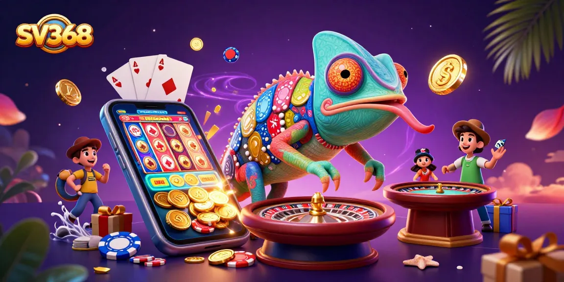 Engage in SV368 betting adventures with a vibrant 3D chameleon casino owner and thrilling game elements.
