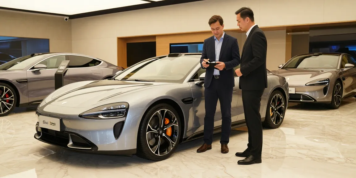 Interior showroom mobil mewah LUXURY 777 dengan perwakilan penjual menjelaskan fitur produk.