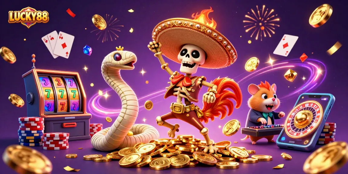 LUCKY88 slot game scene featuring a mariachi rooster and dynamic gaming elements.