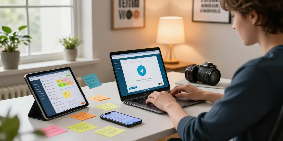 Using Telegram Web Version on a stylish home office setup filled with devices, notes, and plants.