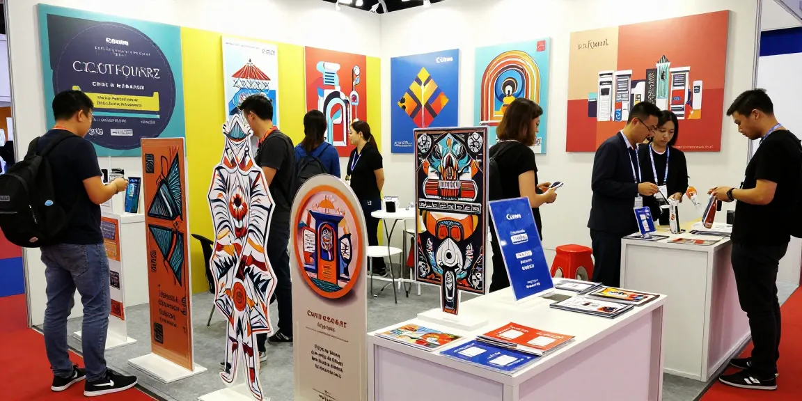 Custom acrylic standee display at a lively trade show booth showcasing unique designs and engagement.