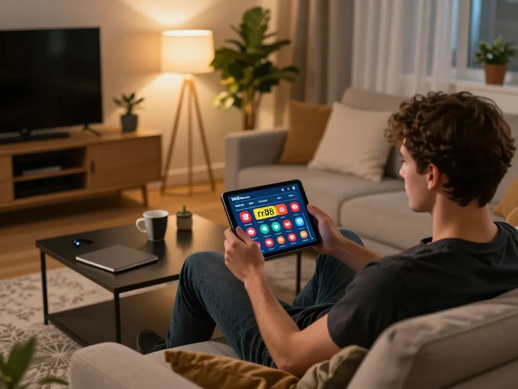 Engaged player enjoying rr88 casino app on tablet in cozy home setting