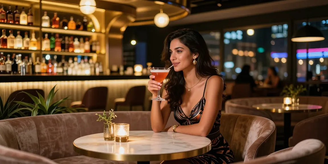 Gái gọi trong không gian đêm sang trọng với cocktail và ánh đèn thành phố.