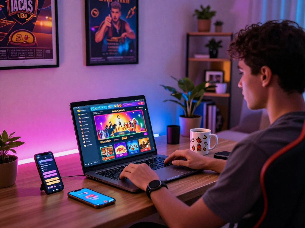 Giocatore di casinò online non AAMS impegnato al computer con luci LED e accessori tematici.