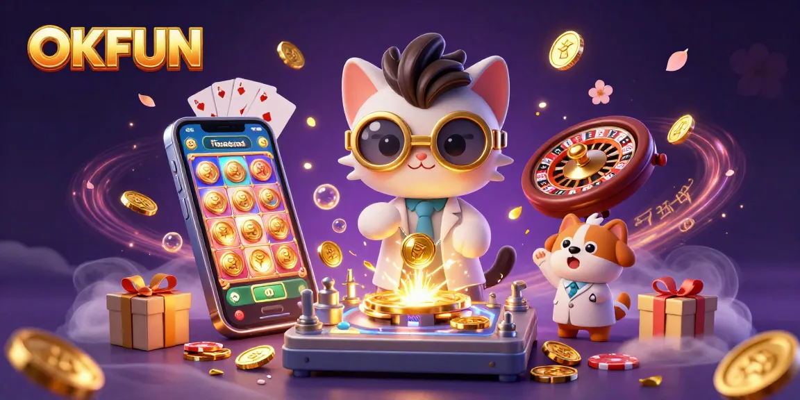 Experience thrilling gambling excitement at OKFUN with vibrant slot games and a whimsical lab scene.