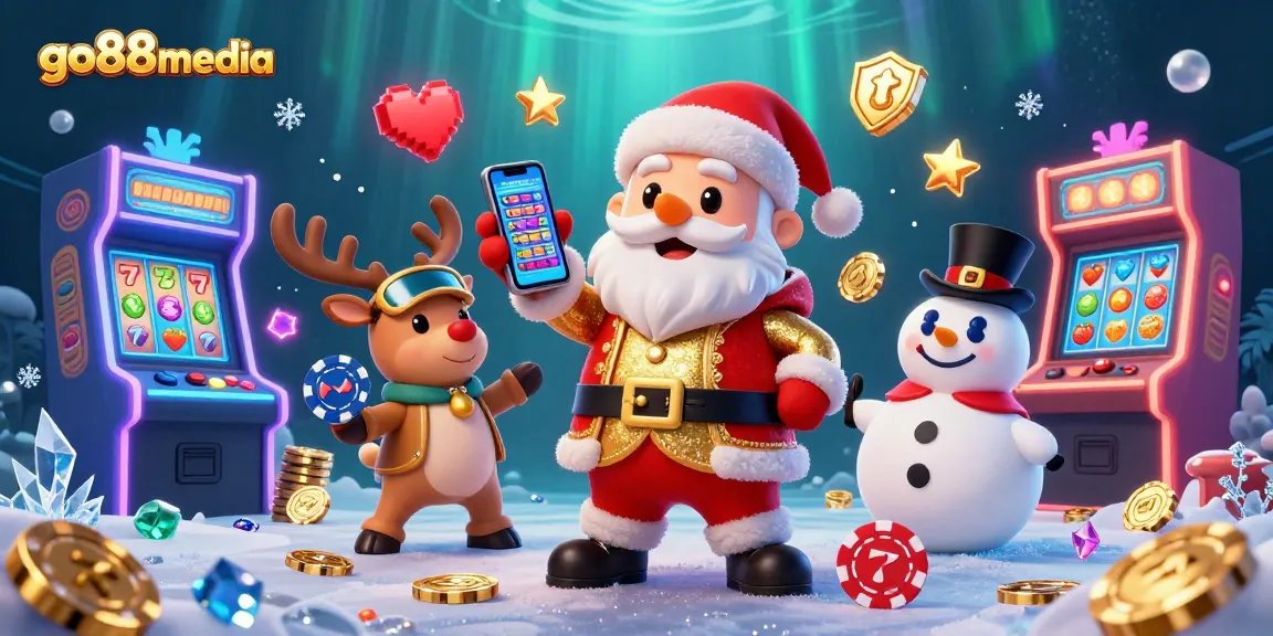 Experience the excitement of go88media with Santa Claus and friends celebrating jackpots in a dynamic casino scene.