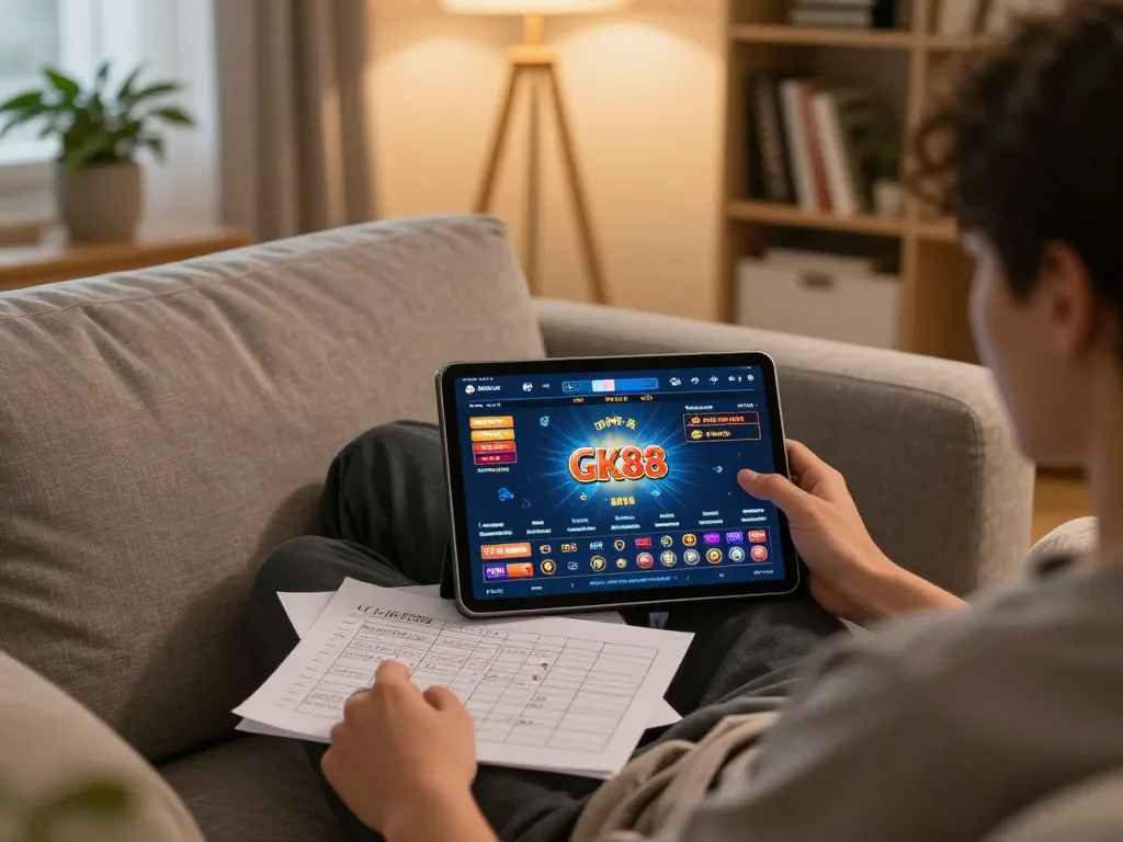 Engaging with GK88 on a tablet for a responsible online gaming experience.