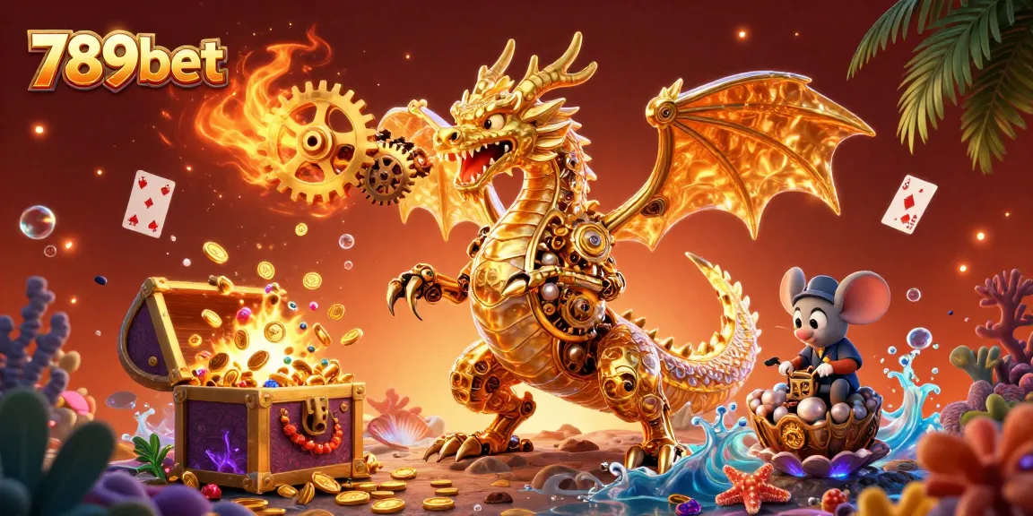 Engage in exciting gameplay with 789bet, featuring a stunning illustration of a golden dragon and treasures in a casino setting.